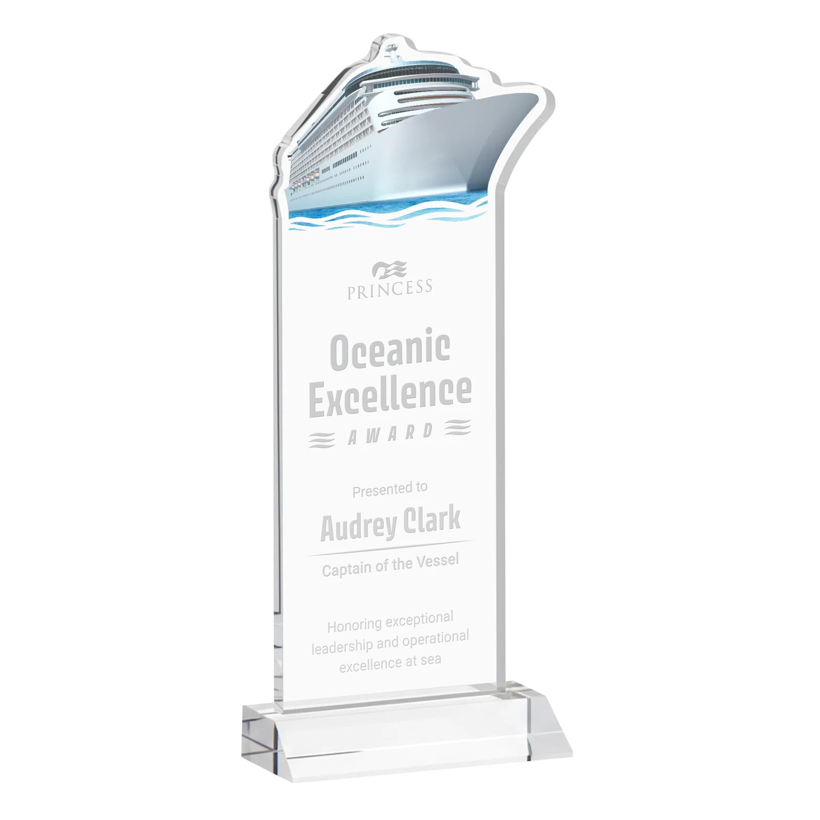 Custom Starfire Crystal Ship Cutout Award on Mitered Base for sales achievement awards