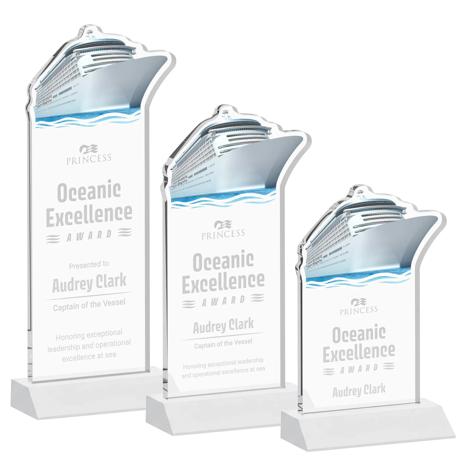 Promotional Starfire Crystal Ship Cutout Award on Mitered Base for volunteer appreciation
