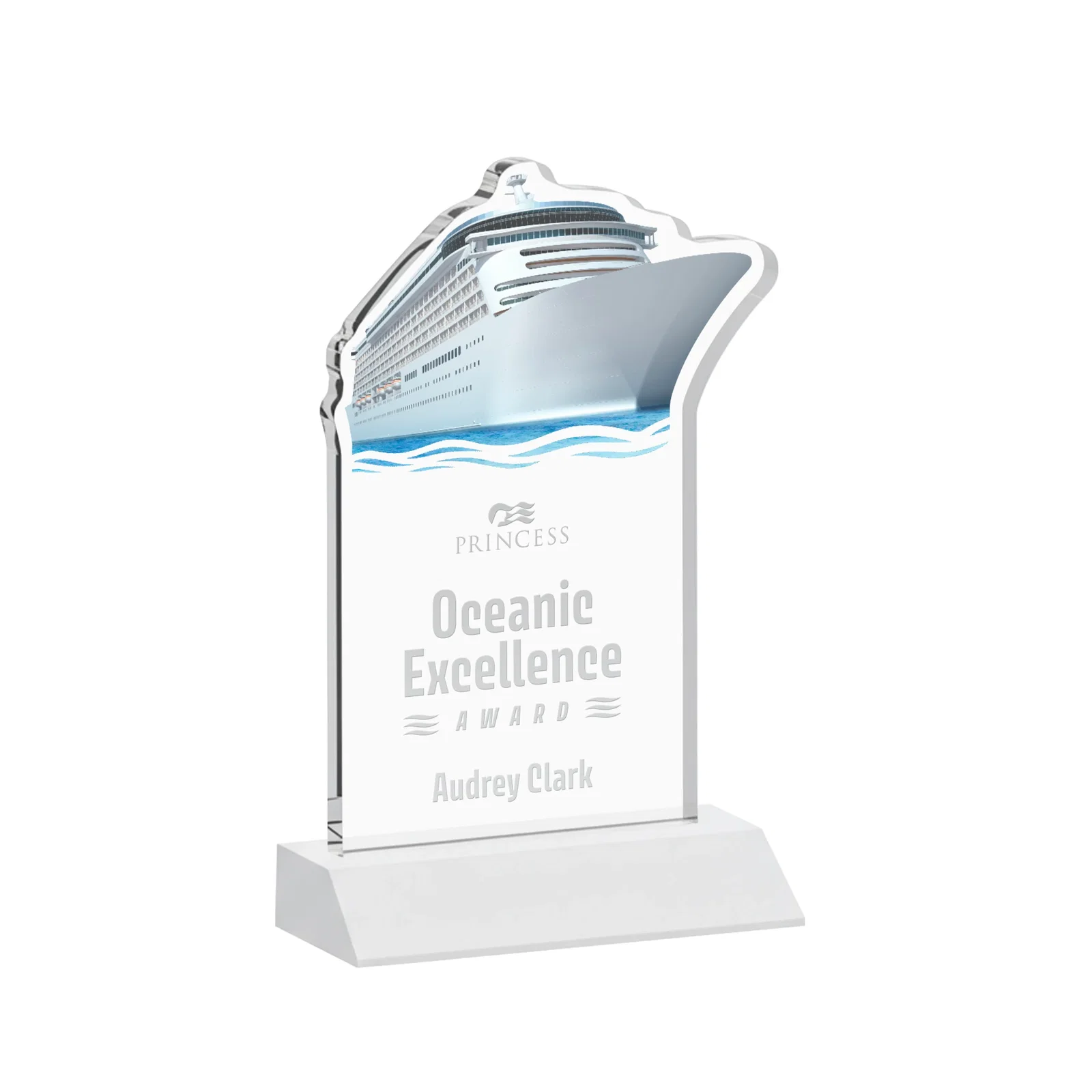 Promotional Starfire Crystal Ship Cutout Award on Mitered Base for dealer and partner awards
