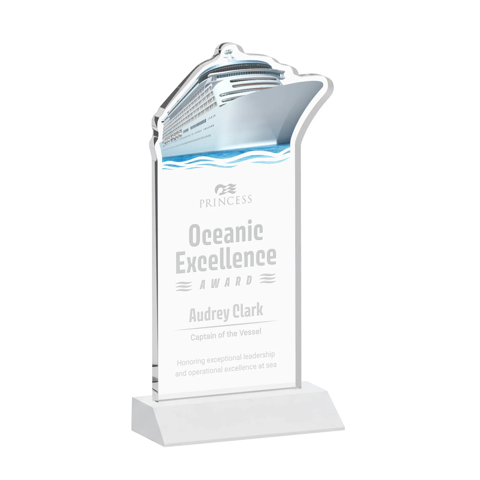Promotional Starfire Crystal Ship Cutout Award on Mitered Base for company anniversary events
