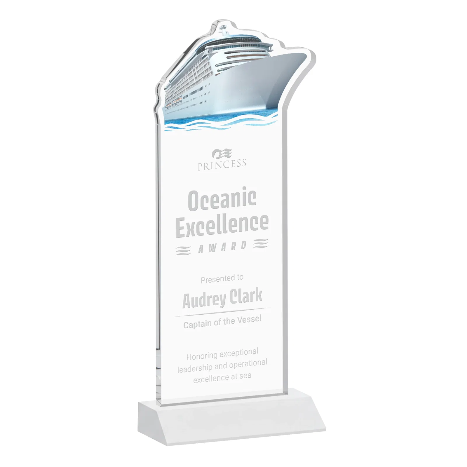 Branded Starfire Crystal Ship Cutout Award on Mitered Base for employee recognition