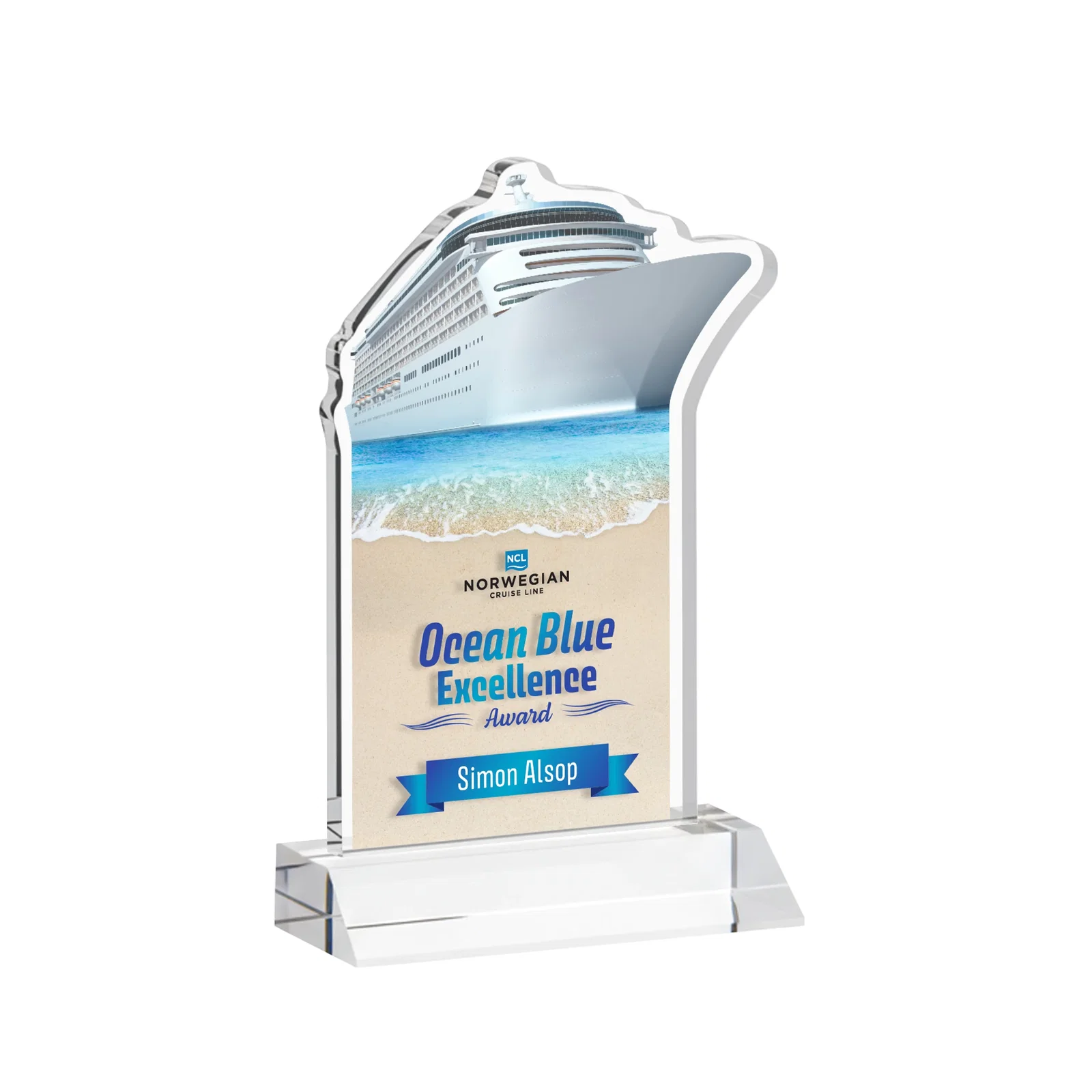 Branded Starfire Crystal Ship Cutout Award on Mitered Base for service anniversary gifts