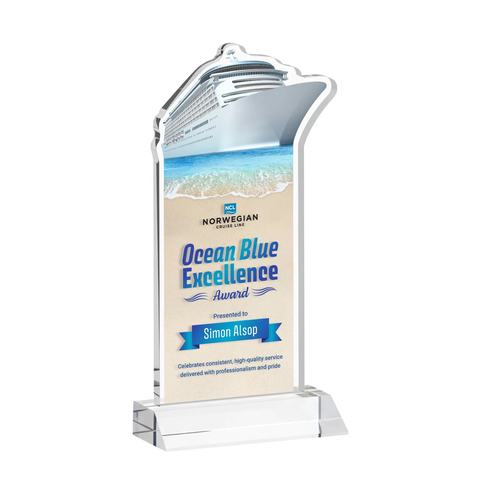 Branded Starfire Crystal Ship Cutout Award on Mitered Base for sales achievement awards