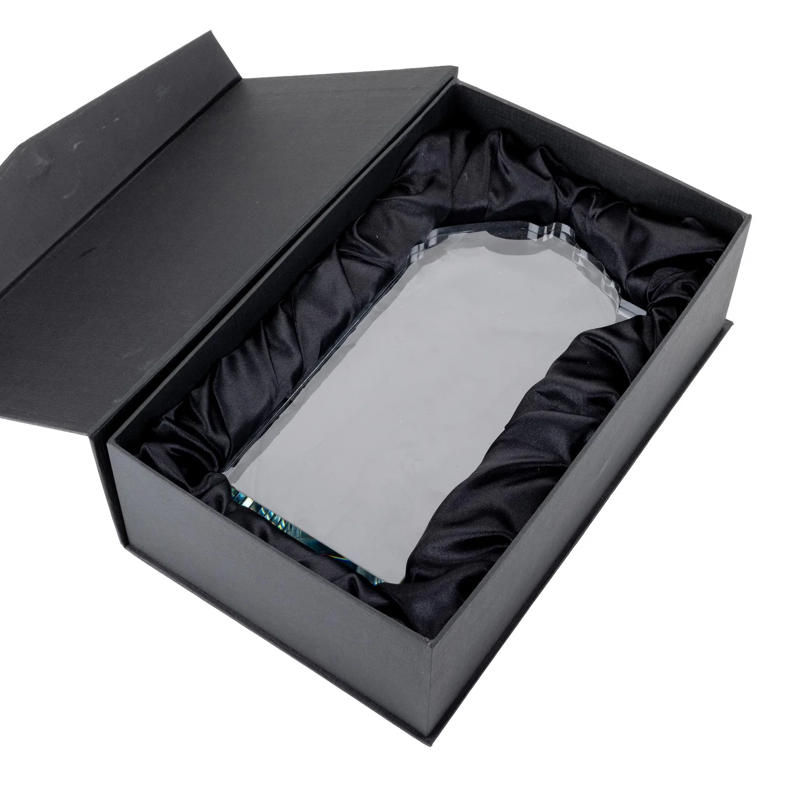 Custom Starfire Crystal Ship Cutout Award on Mitered Base for retirement presentations