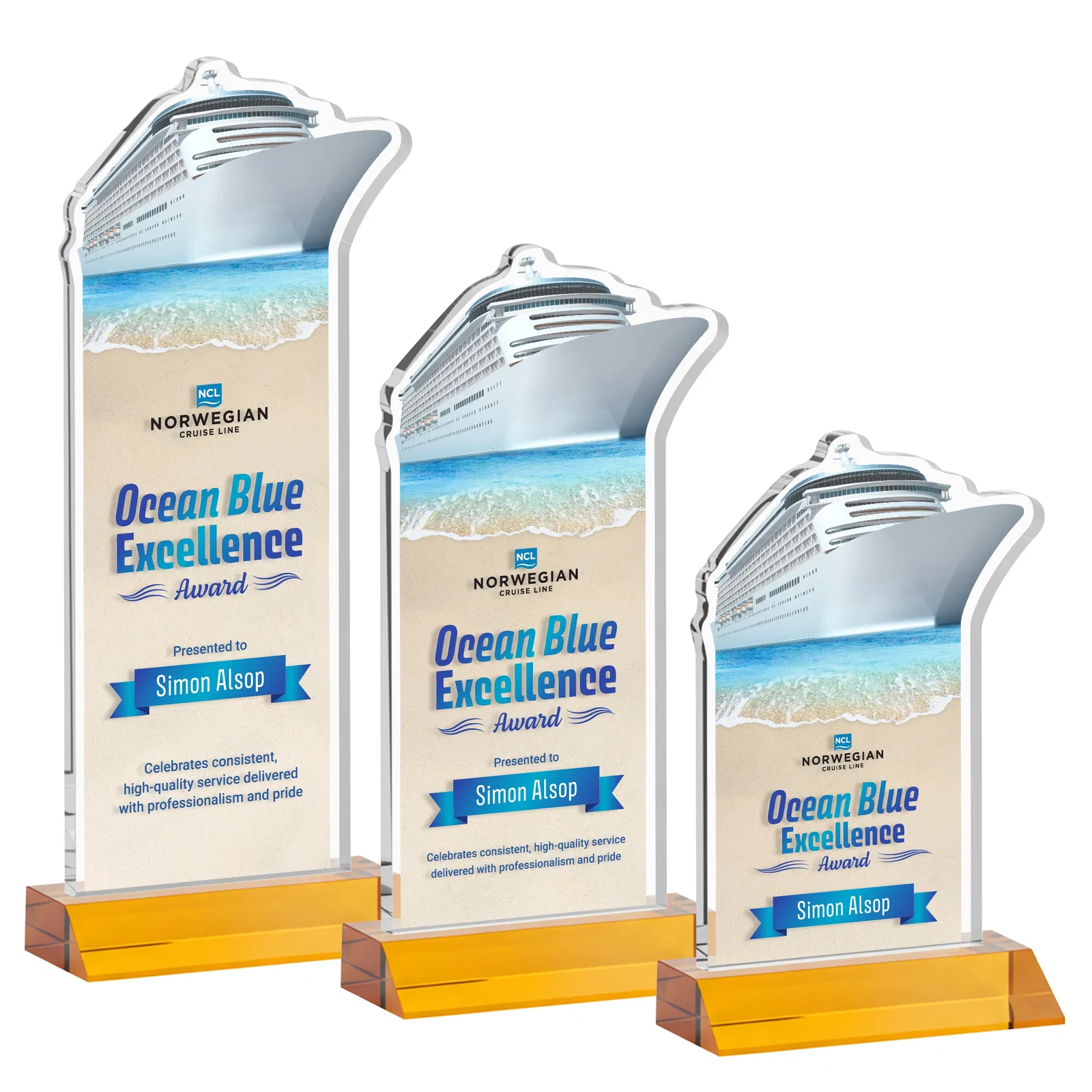 Branded Starfire Crystal Ship Cutout Award on Mitered Base for team milestone celebrations