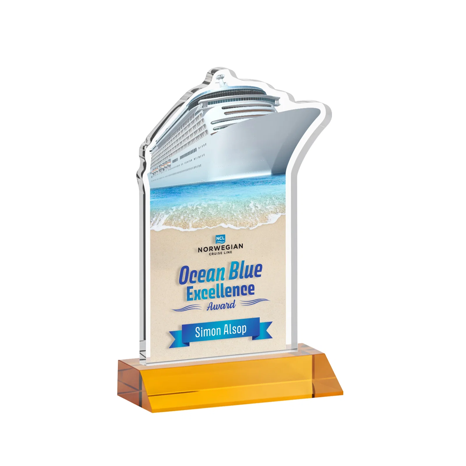 Branded Starfire Crystal Ship Cutout Award on Mitered Base for donor appreciation