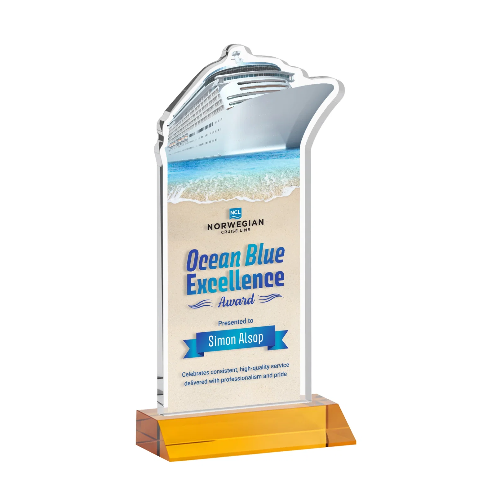 Branded Starfire Crystal Ship Cutout Award on Mitered Base for graduation ceremonies