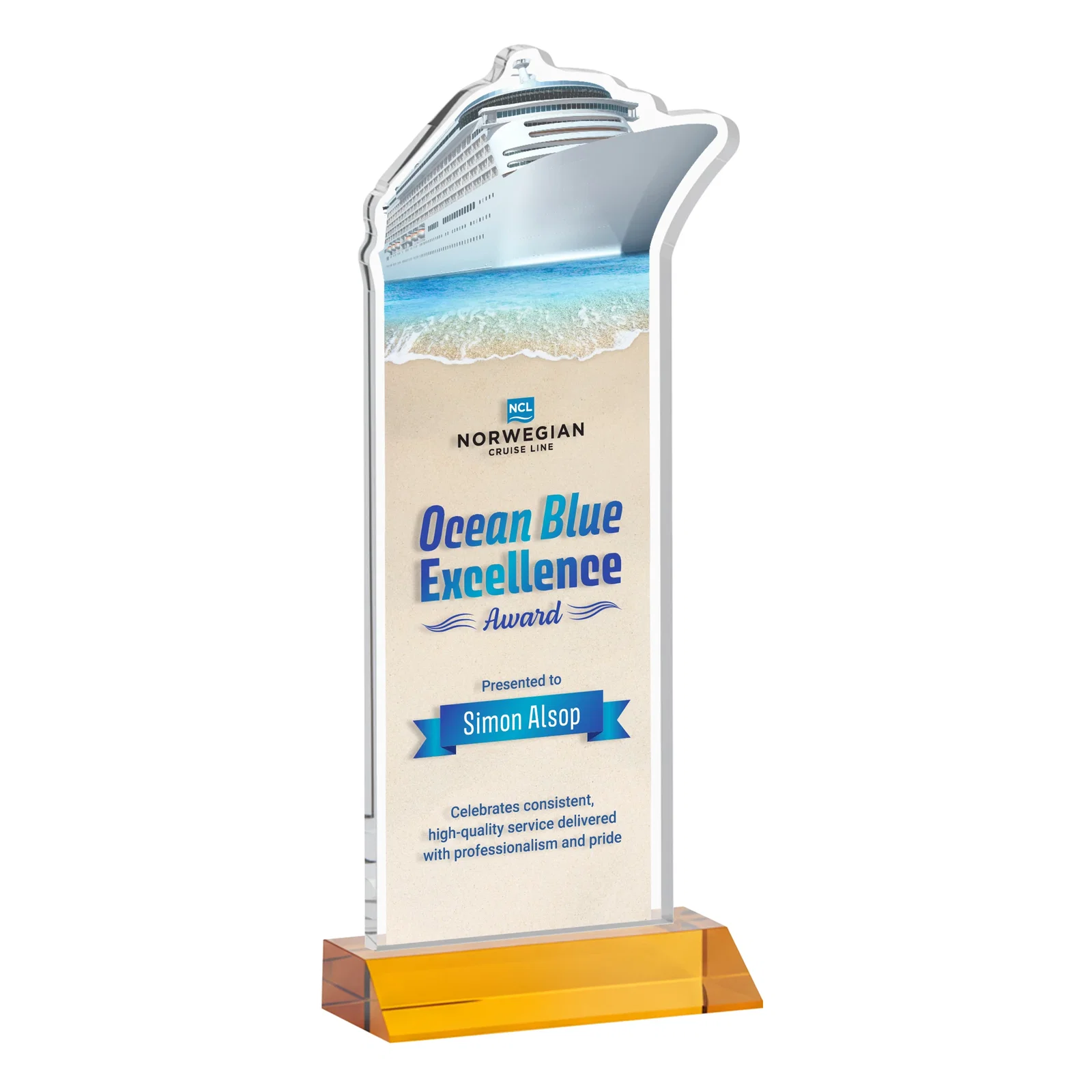 Branded Starfire Crystal Ship Cutout Award on Mitered Base for safety achievement programs
