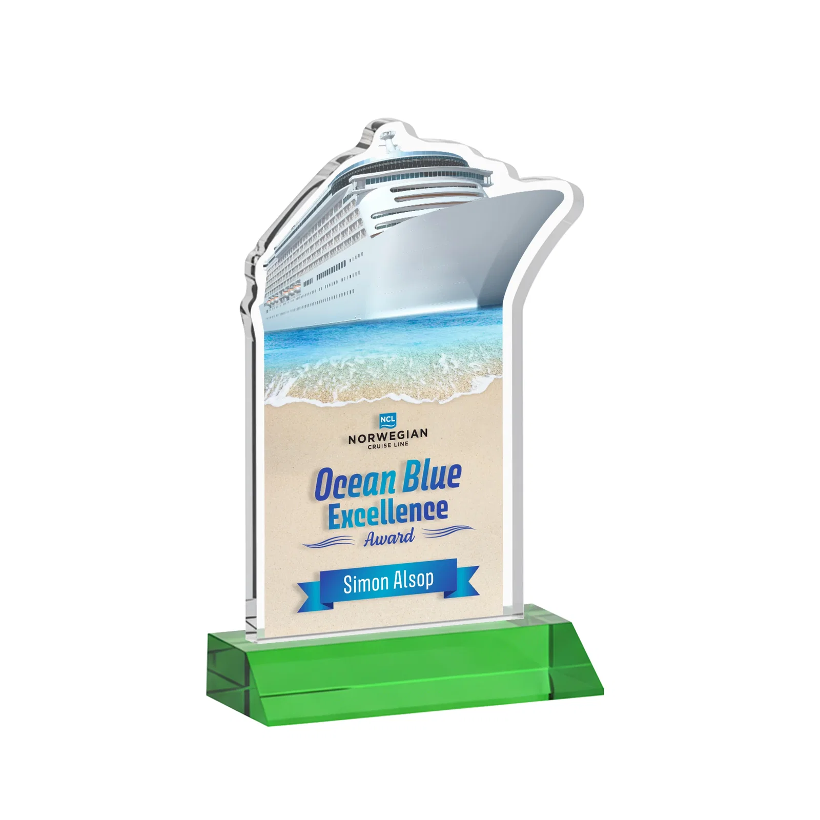 Branded Starfire Crystal Ship Cutout Award on Mitered Base for dealer and partner awards