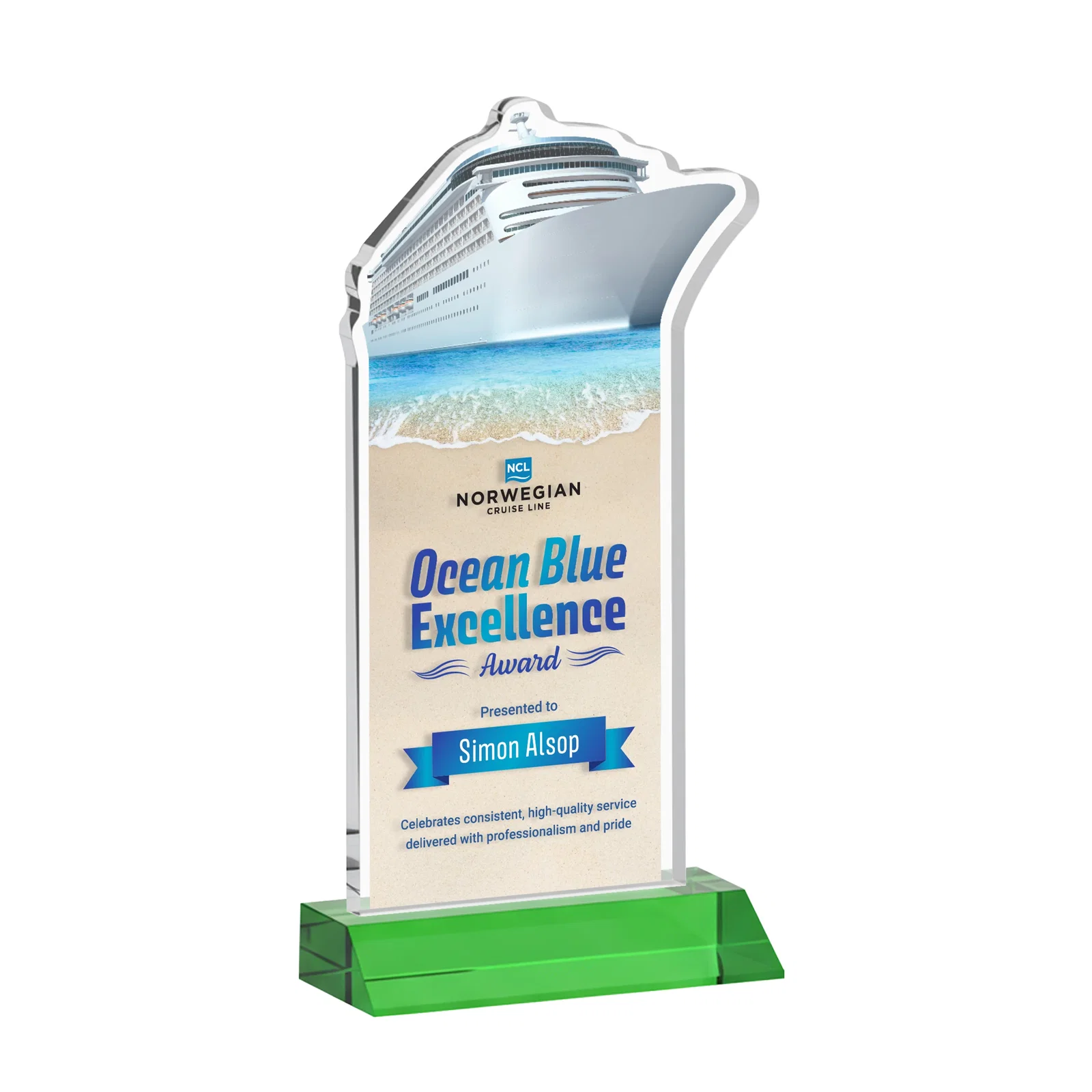 Branded Starfire Crystal Ship Cutout Award on Mitered Base for company anniversary events