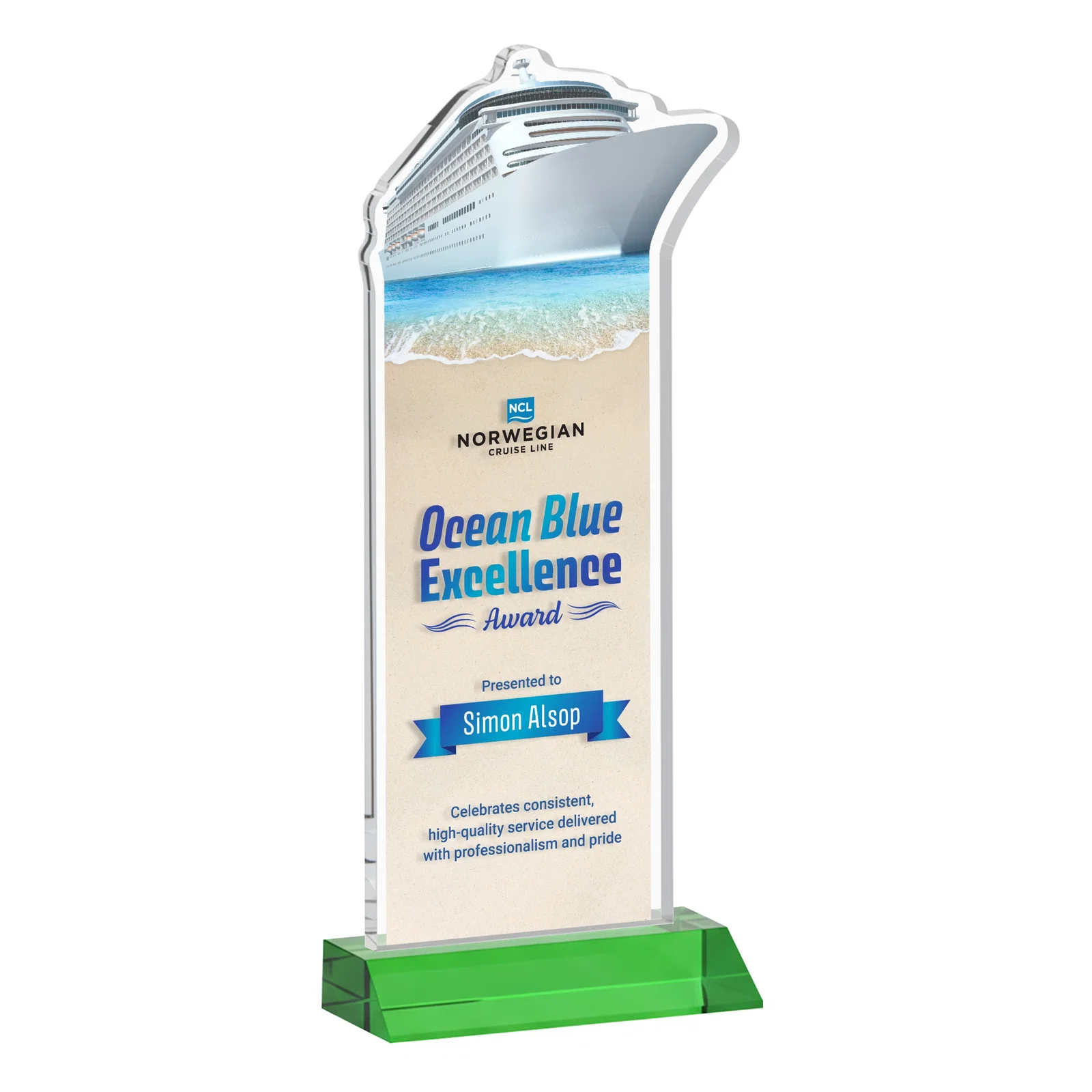 Custom printed Starfire Crystal Ship Cutout Award on Mitered Base for employee recognition
