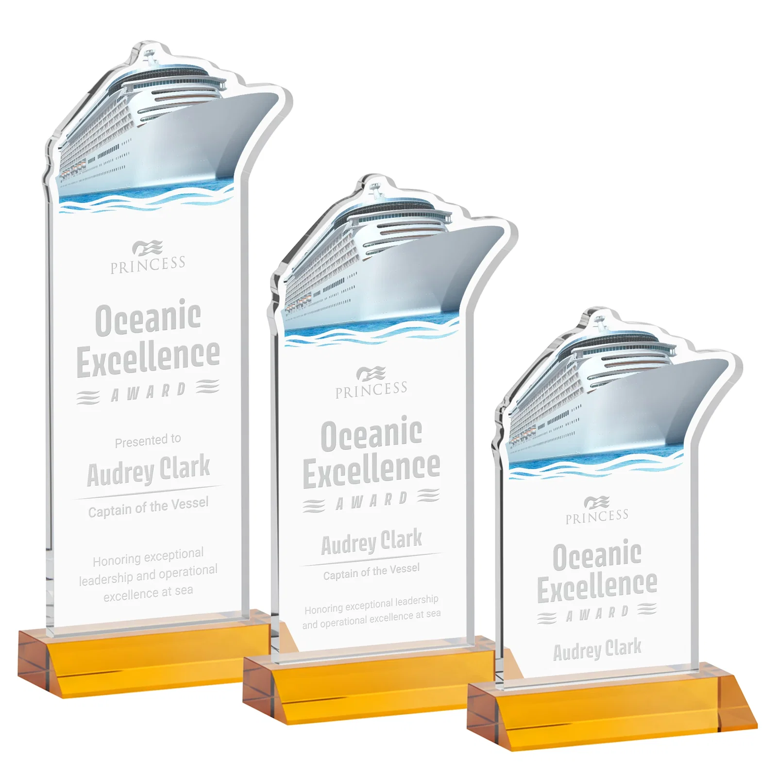 Custom Starfire Crystal Ship Cutout Award on Mitered Base for team milestone celebrations
