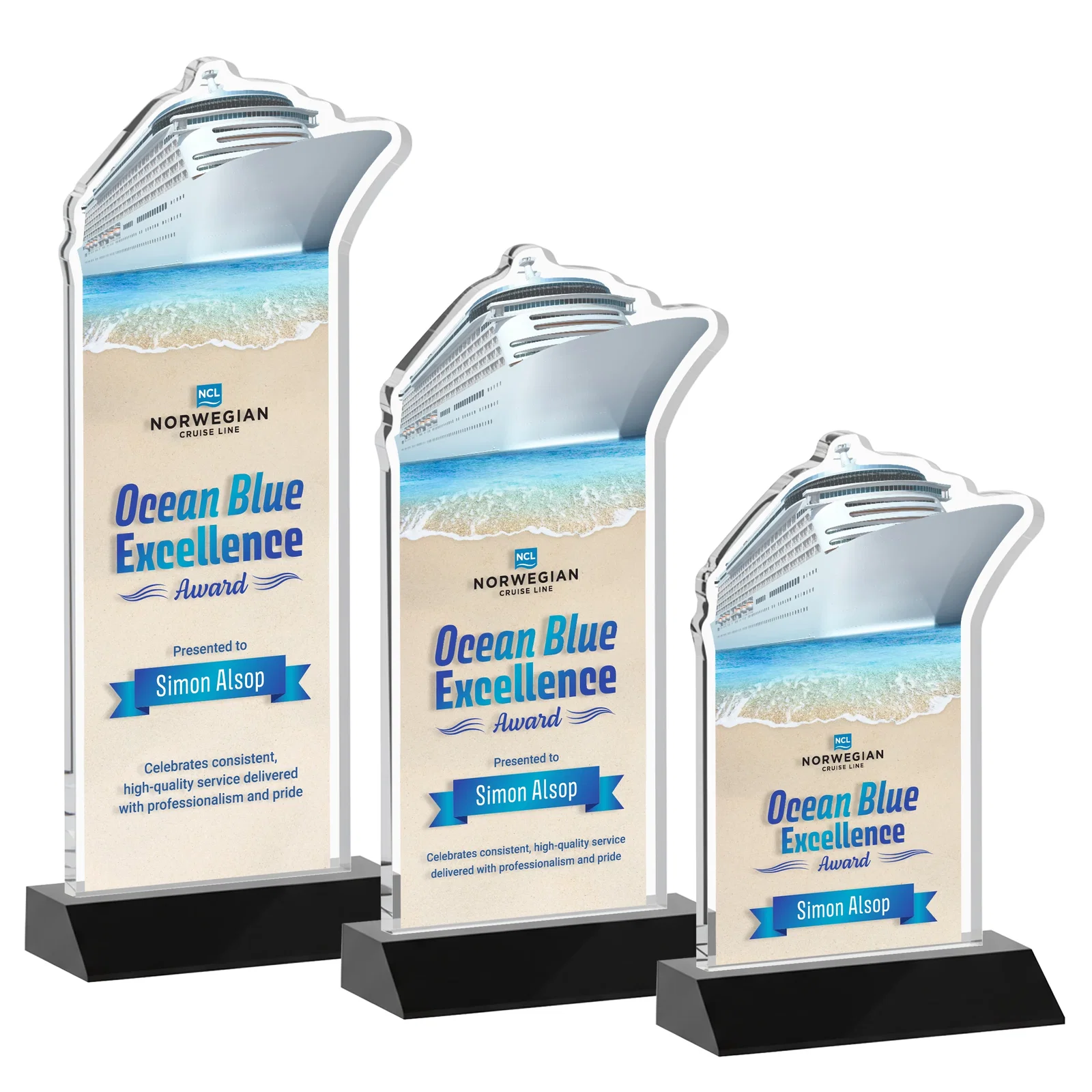 Custom printed Starfire Crystal Ship Cutout Award on Mitered Base for corporate award ceremonies