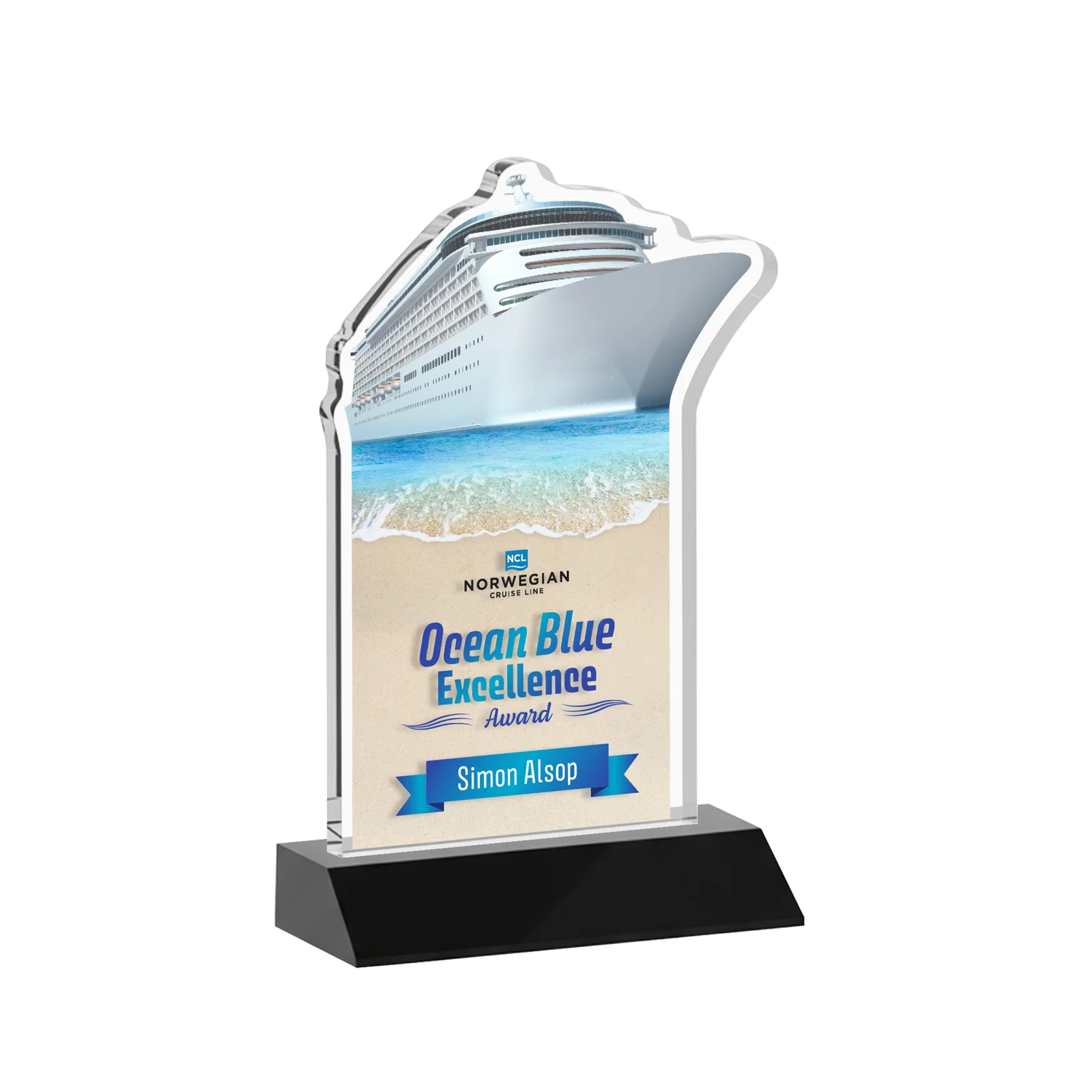 Custom printed Starfire Crystal Ship Cutout Award on Mitered Base for service anniversary gifts