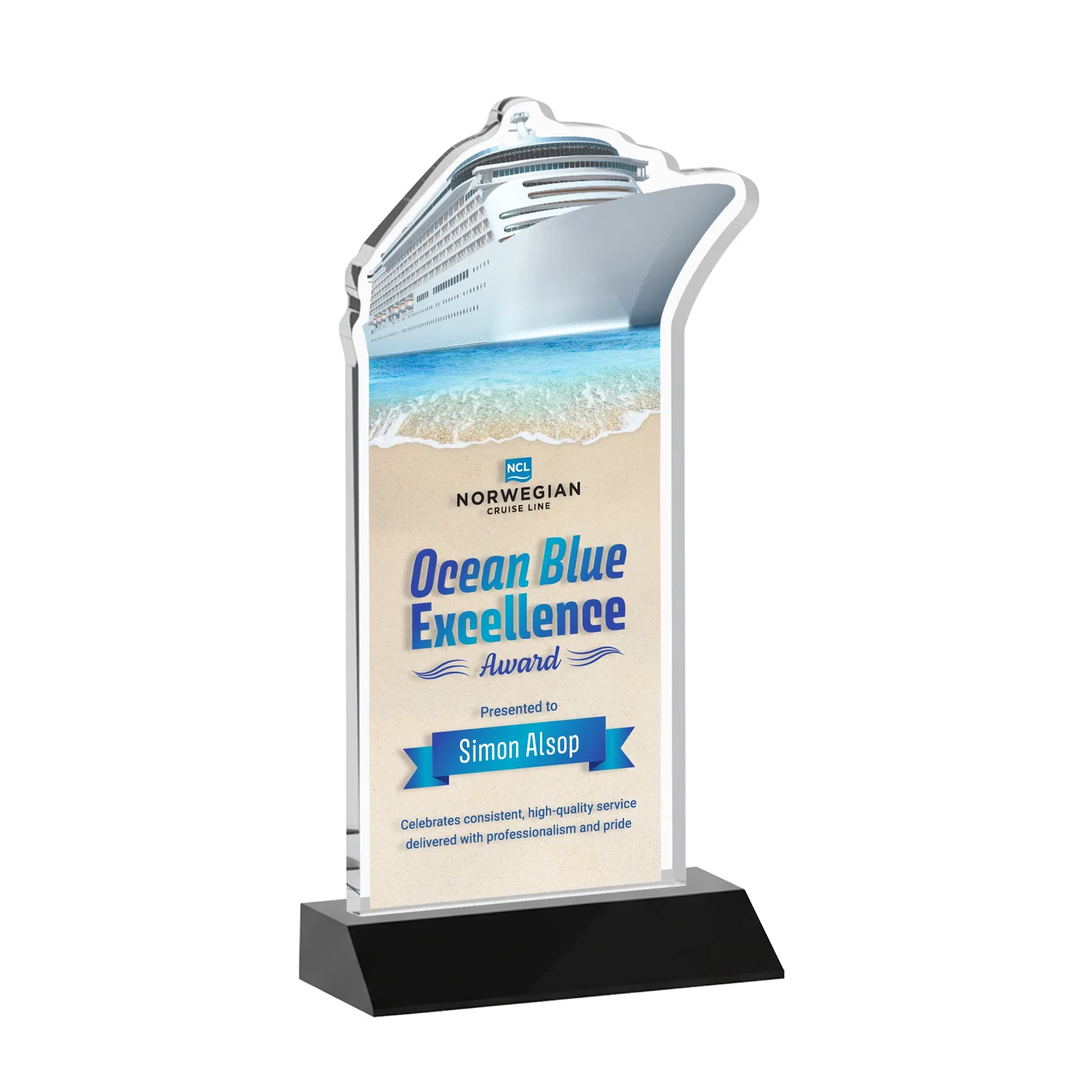 Custom printed Starfire Crystal Ship Cutout Award on Mitered Base for sales achievement awards