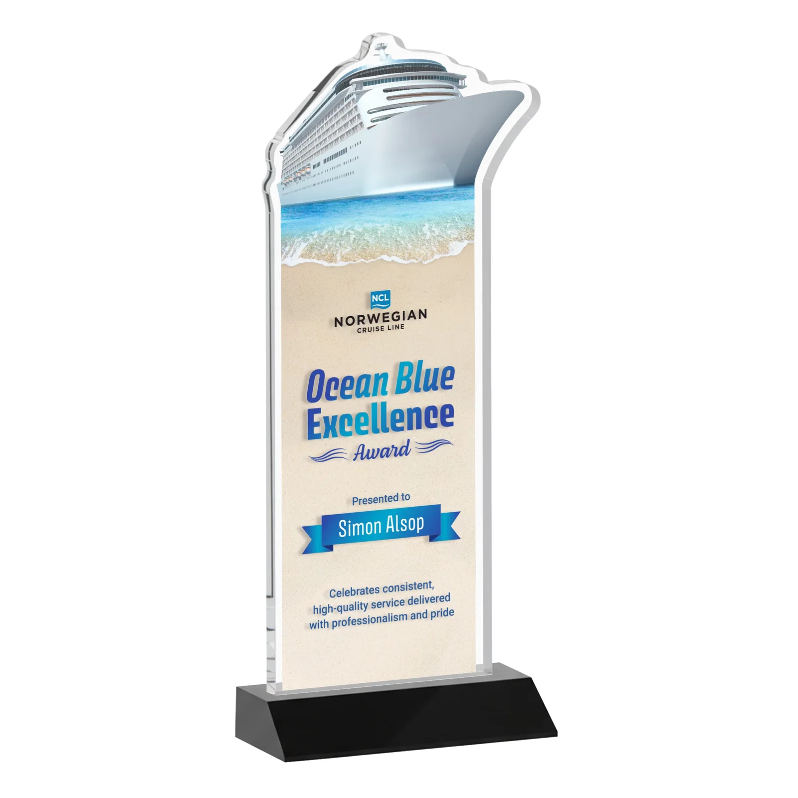 Custom printed Starfire Crystal Ship Cutout Award on Mitered Base for retirement presentations