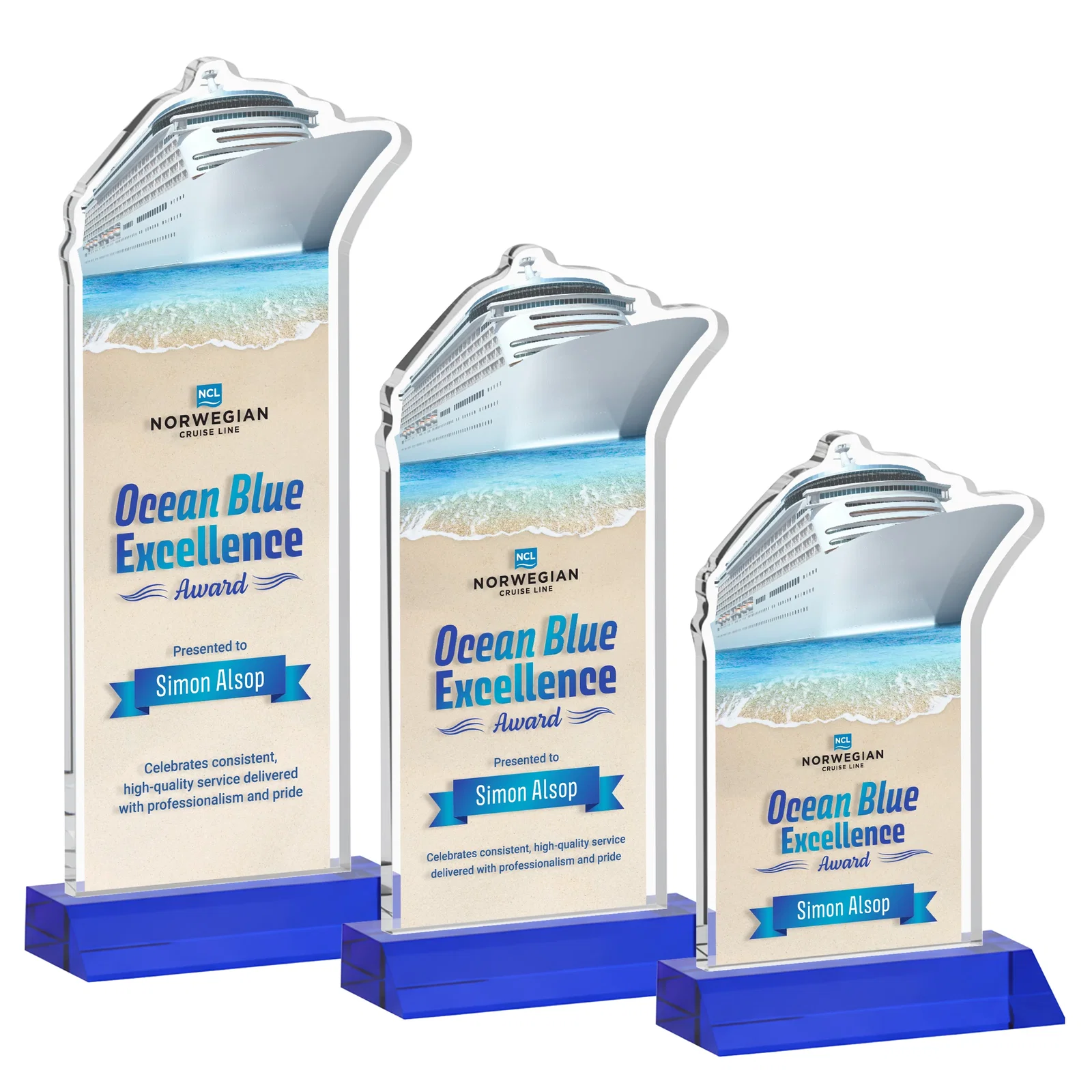 Custom printed Starfire Crystal Ship Cutout Award on Mitered Base for team milestone celebrations