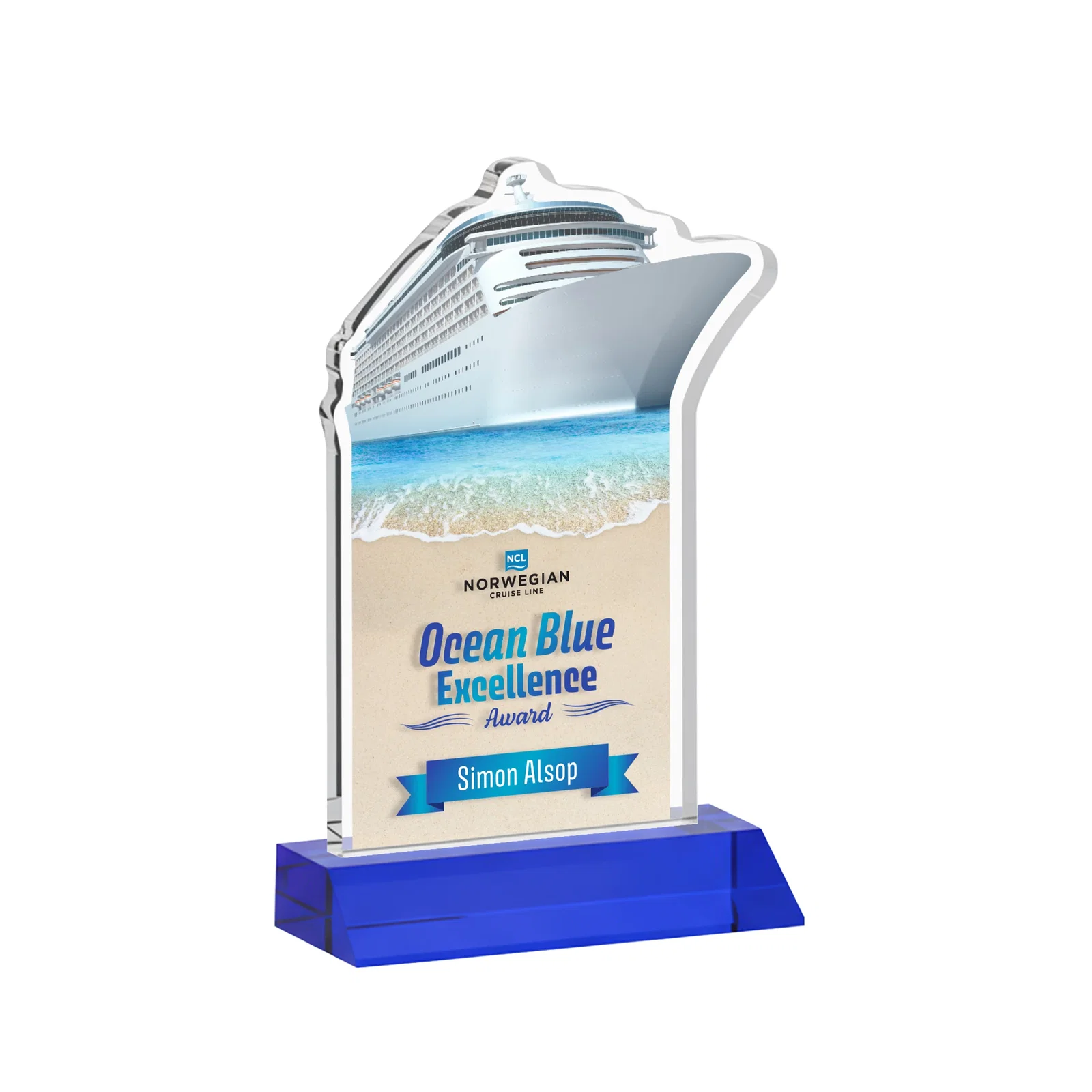 Custom printed Starfire Crystal Ship Cutout Award on Mitered Base for donor appreciation