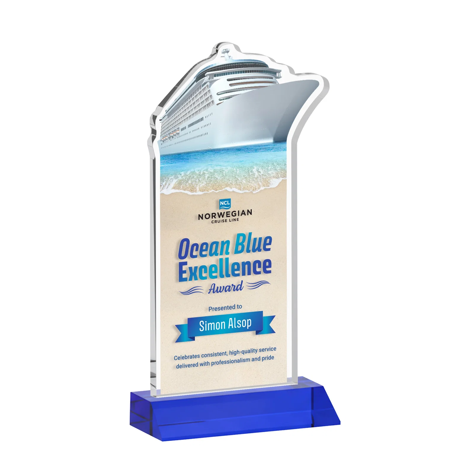 Custom printed Starfire Crystal Ship Cutout Award on Mitered Base for graduation ceremonies