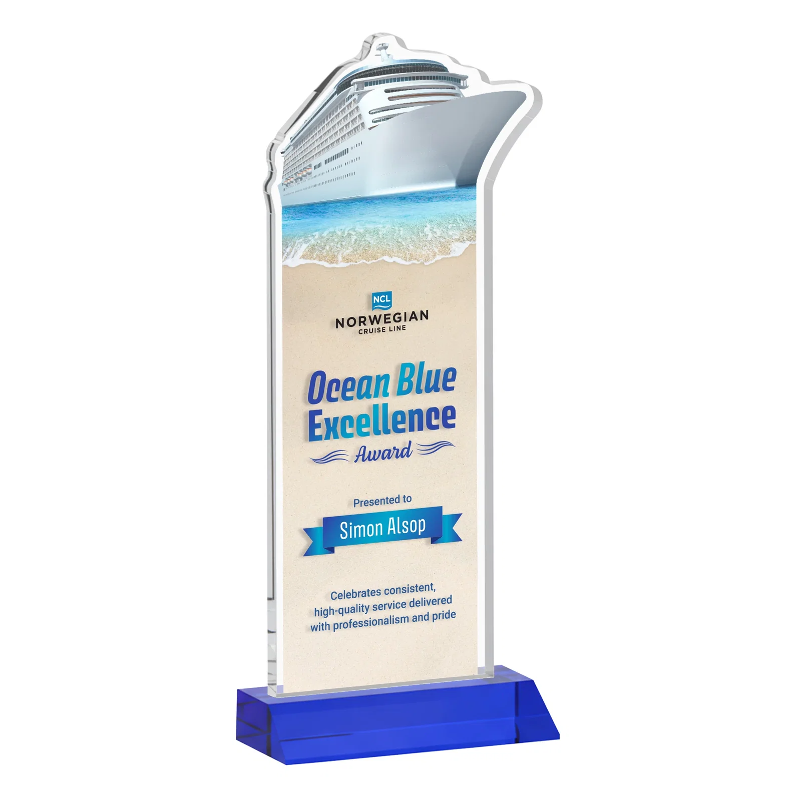 Custom printed Starfire Crystal Ship Cutout Award on Mitered Base for safety achievement programs