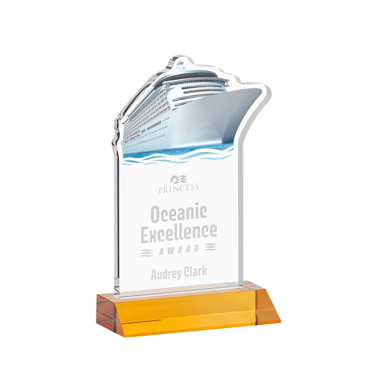 Custom Starfire Crystal Ship Cutout Award on Mitered Base for donor appreciation