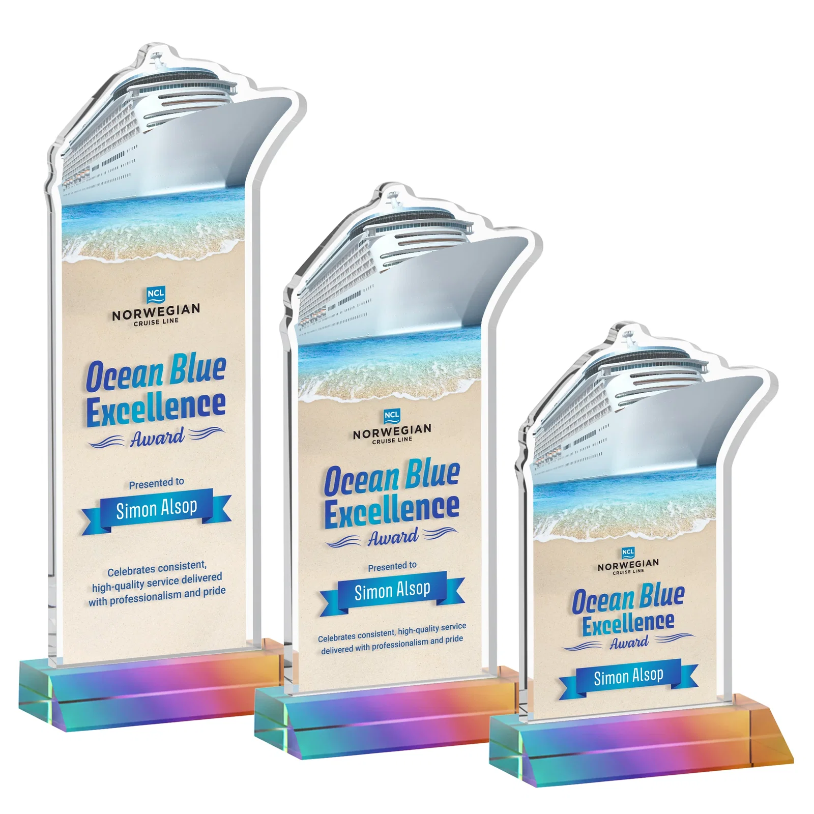 Custom printed Starfire Crystal Ship Cutout Award on Mitered Base for volunteer appreciation
