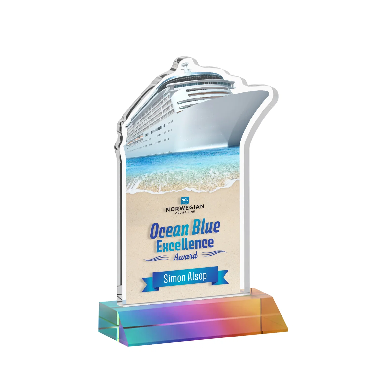 Custom printed Starfire Crystal Ship Cutout Award on Mitered Base for dealer and partner awards