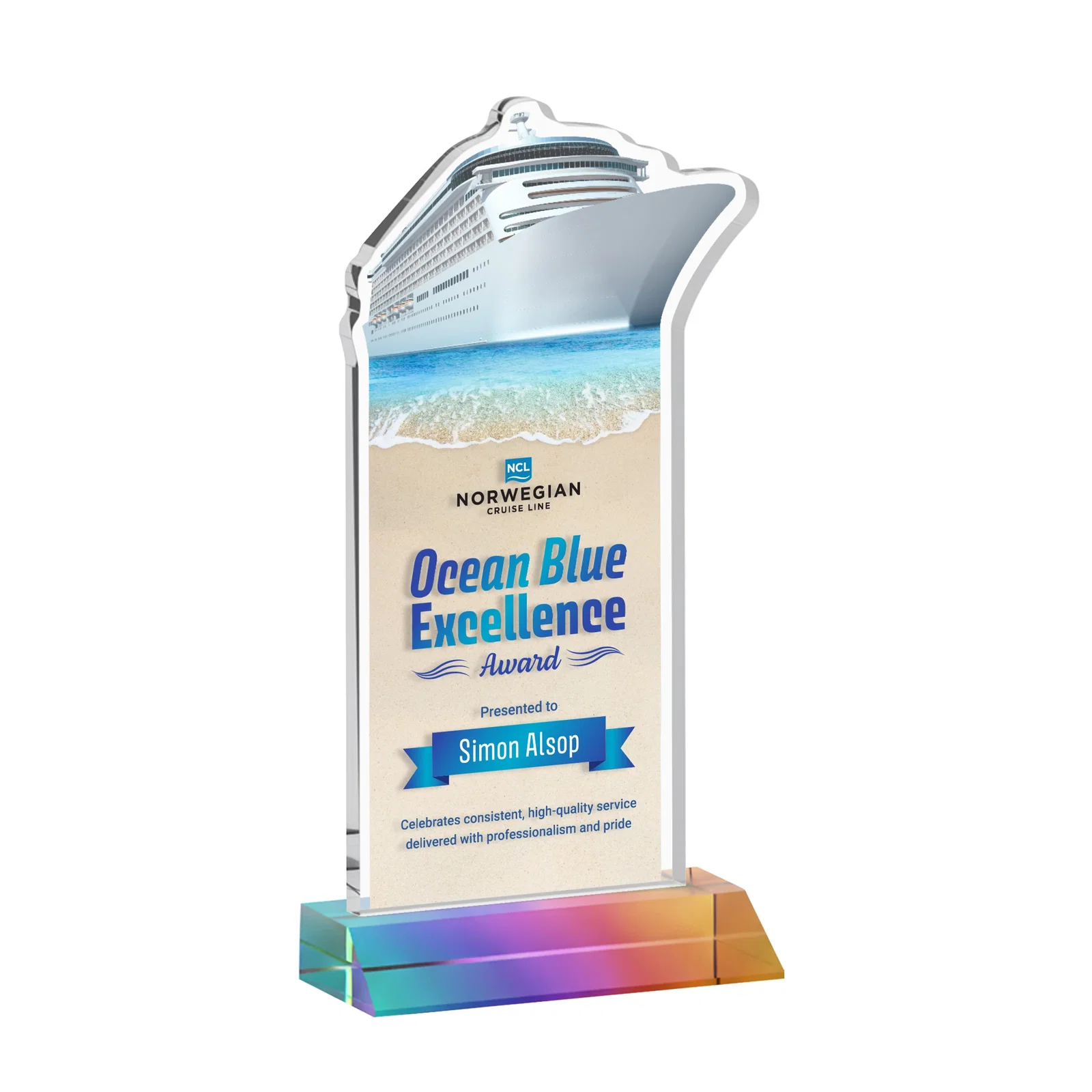 Custom printed Starfire Crystal Ship Cutout Award on Mitered Base for company anniversary events