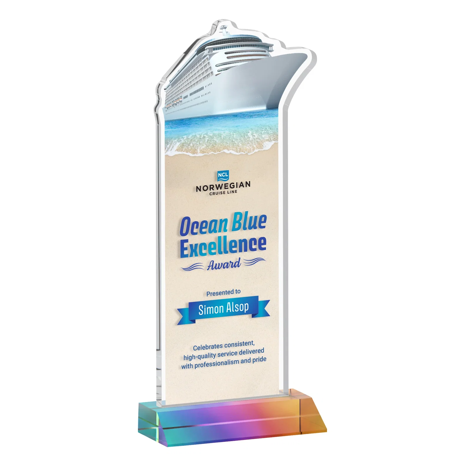 Customized Starfire Crystal Ship Cutout Award on Mitered Base for employee recognition