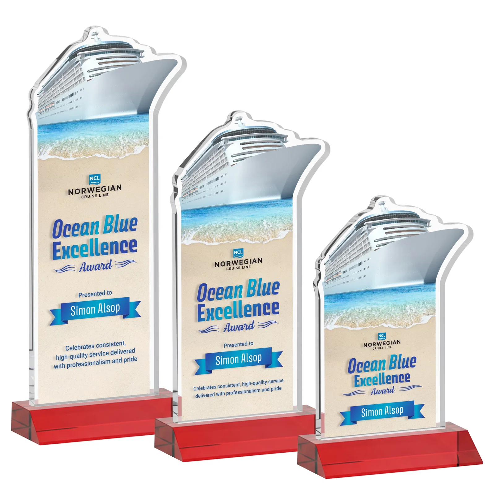 Customized Starfire Crystal Ship Cutout Award on Mitered Base for corporate award ceremonies
