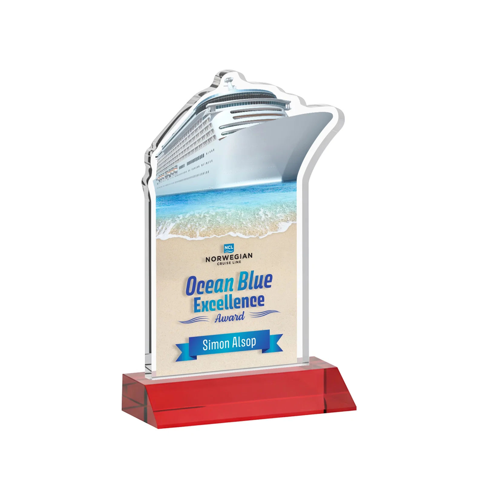 Customized Starfire Crystal Ship Cutout Award on Mitered Base for service anniversary gifts