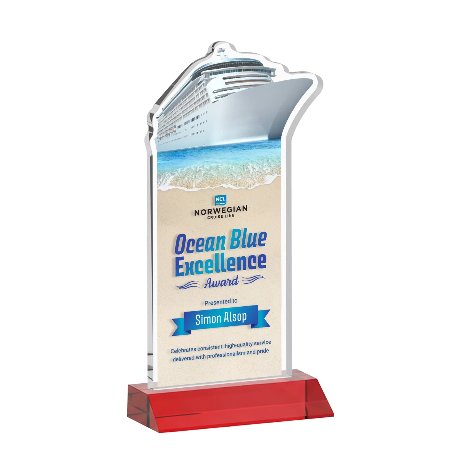 Customized Starfire Crystal Ship Cutout Award on Mitered Base for sales achievement awards