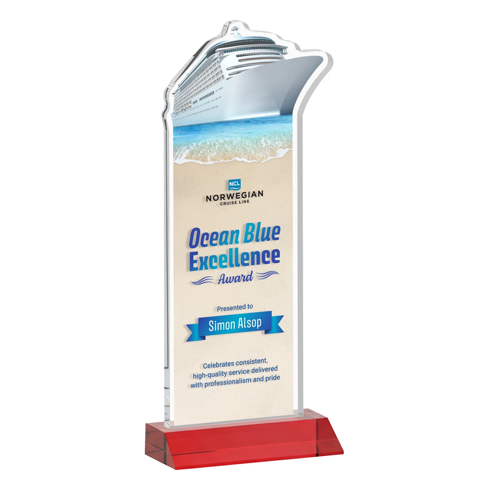Customized Starfire Crystal Ship Cutout Award on Mitered Base for retirement presentations
