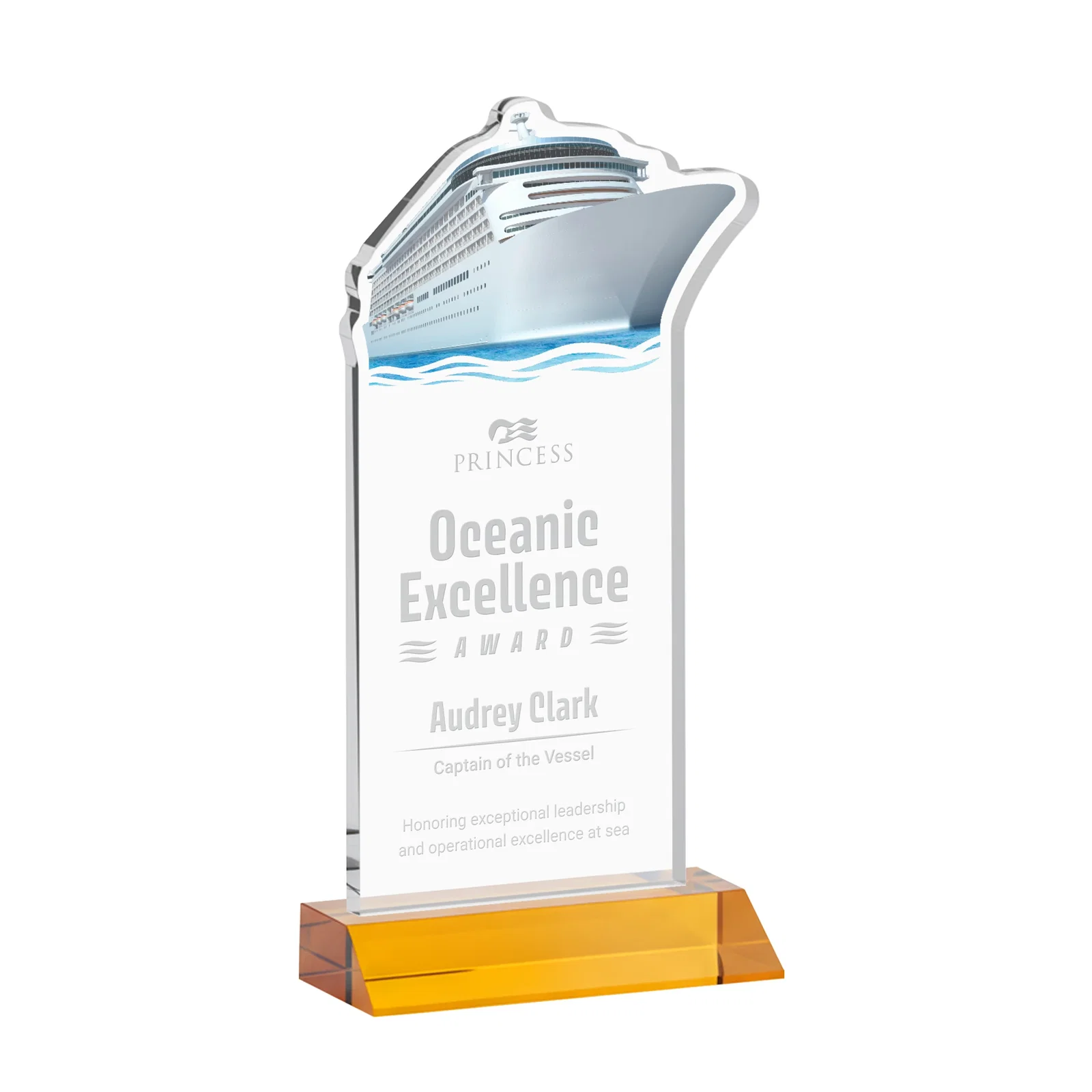 Custom Starfire Crystal Ship Cutout Award on Mitered Base for graduation ceremonies