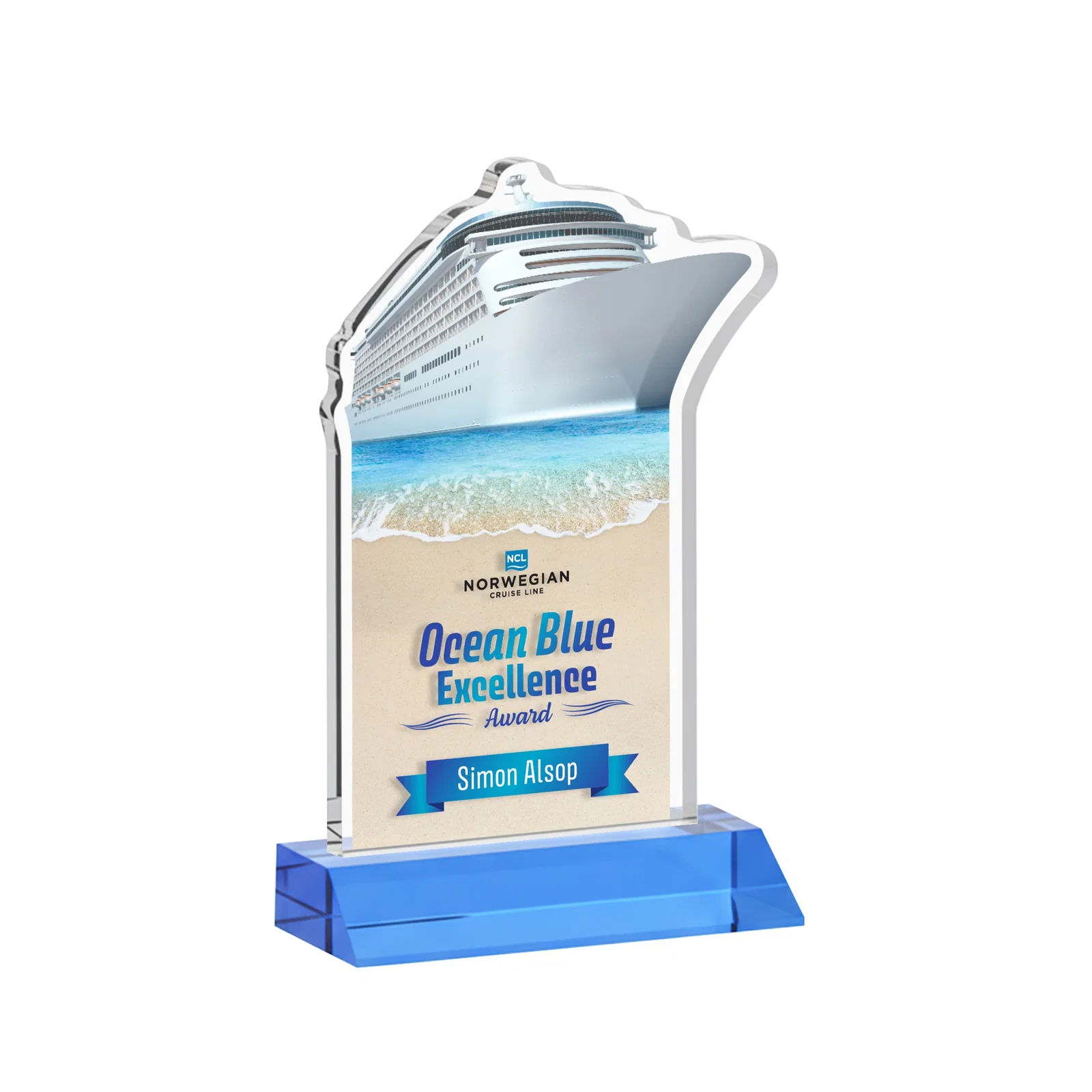 Customized Starfire Crystal Ship Cutout Award on Mitered Base for donor appreciation