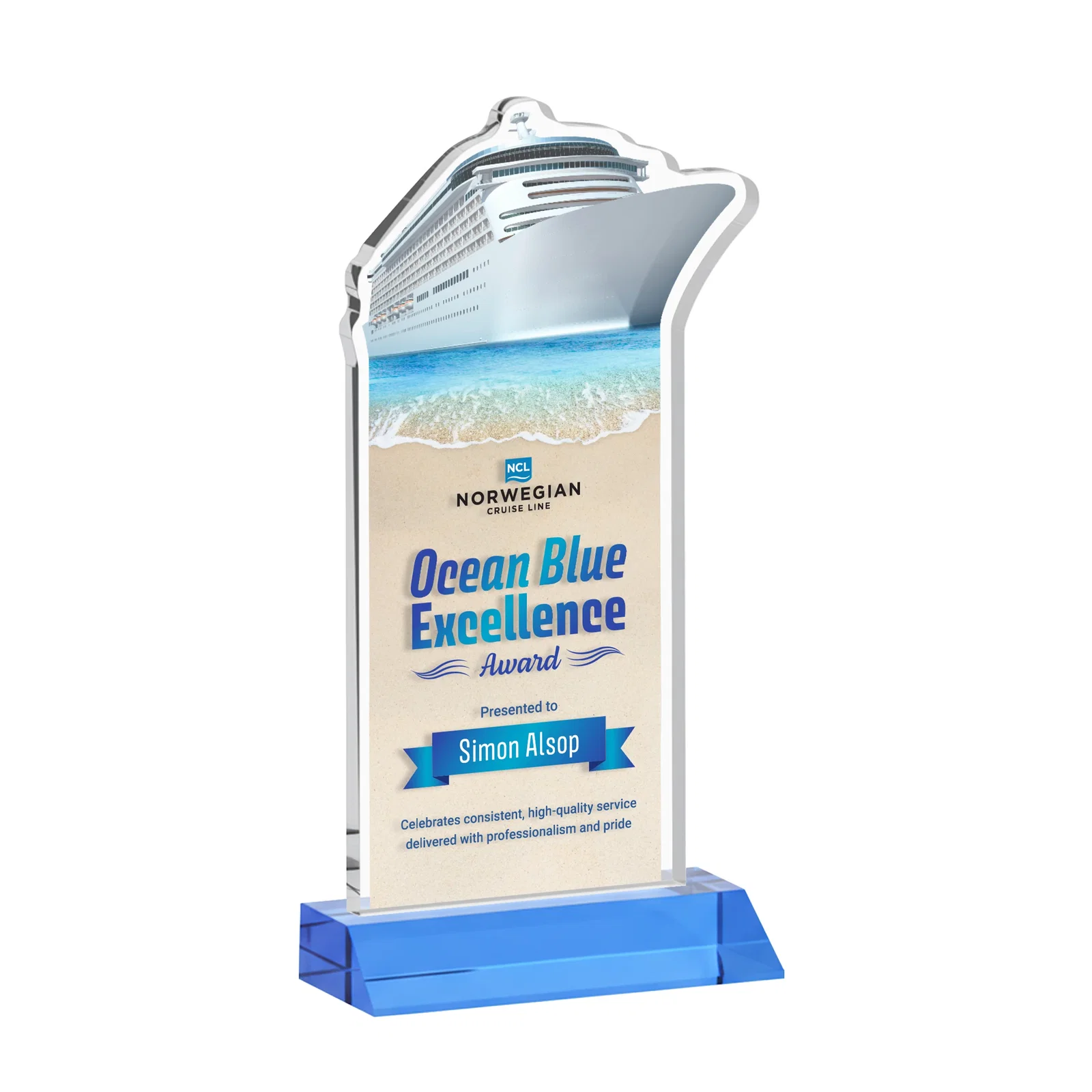 Customized Starfire Crystal Ship Cutout Award on Mitered Base for graduation ceremonies