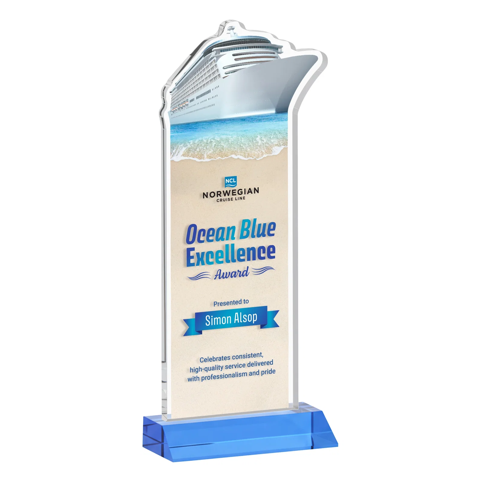 Customized Starfire Crystal Ship Cutout Award on Mitered Base for safety achievement programs