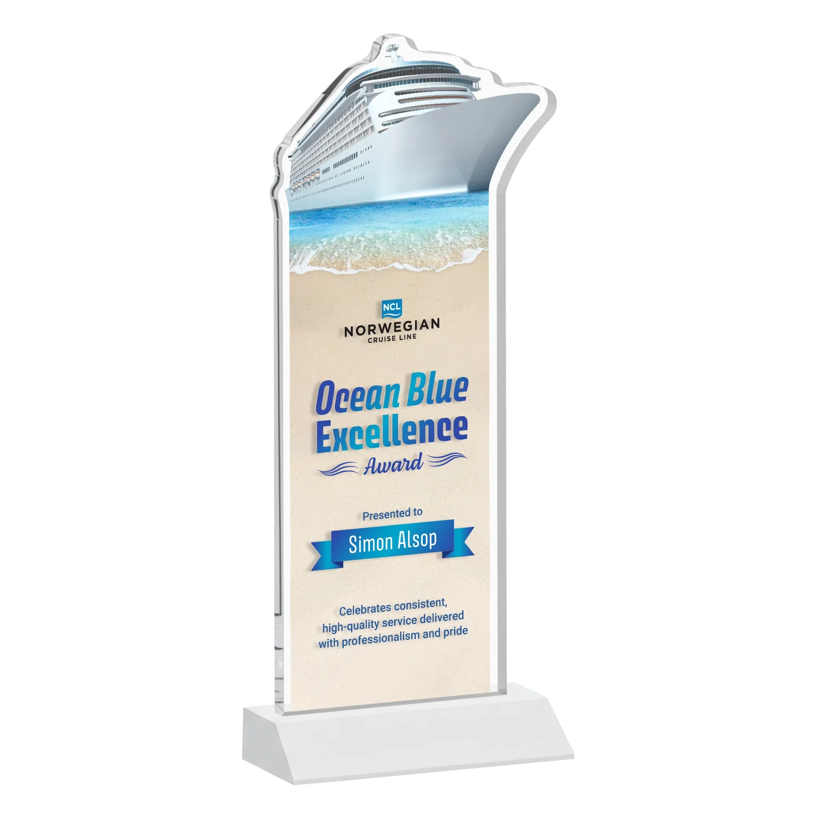 Custom engraved Starfire Crystal Ship Cutout Award on Mitered Base for corporate award ceremonies