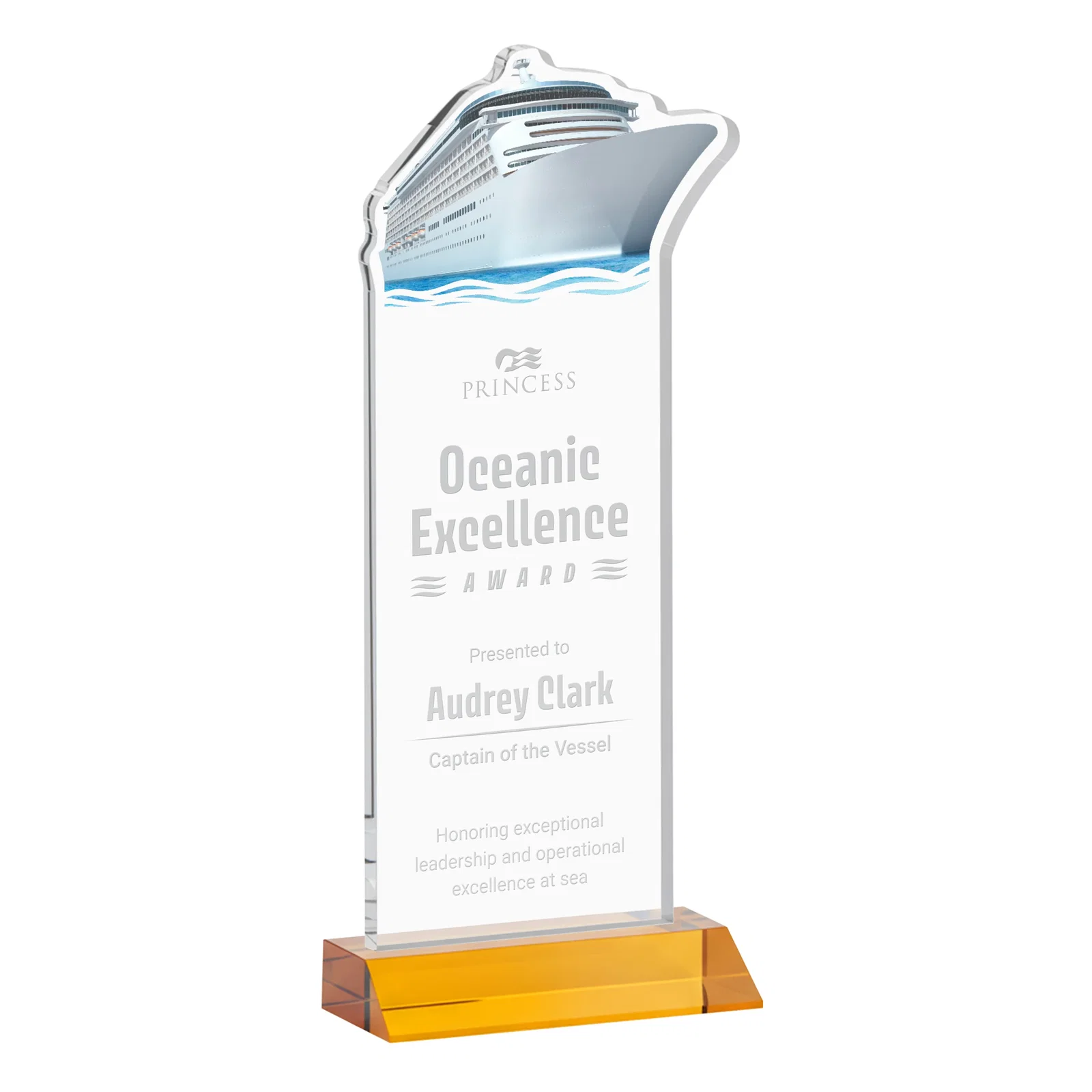 Custom Starfire Crystal Ship Cutout Award on Mitered Base for safety achievement programs