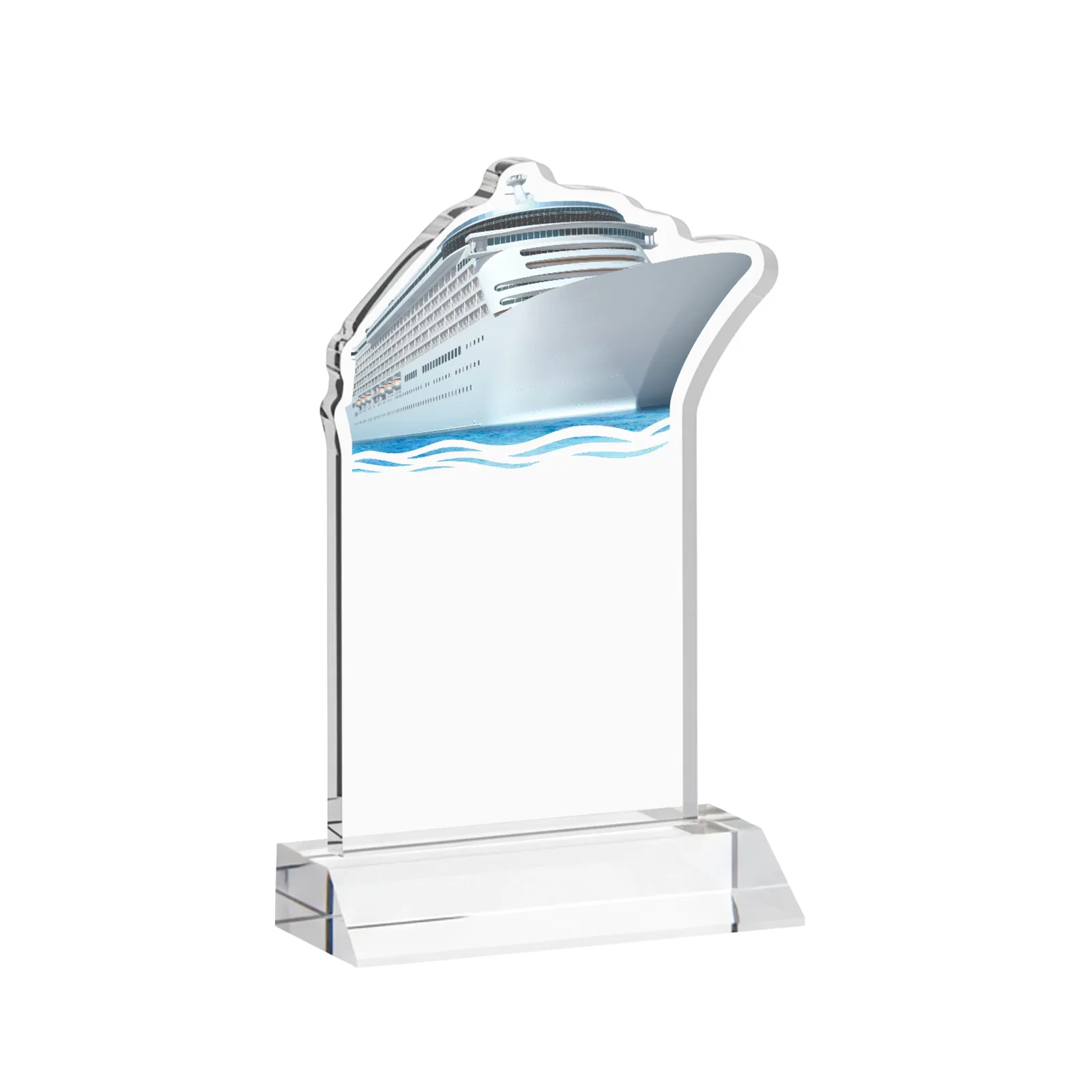 Custom engraved Starfire Crystal Ship Cutout Award on Mitered Base for service anniversary gifts