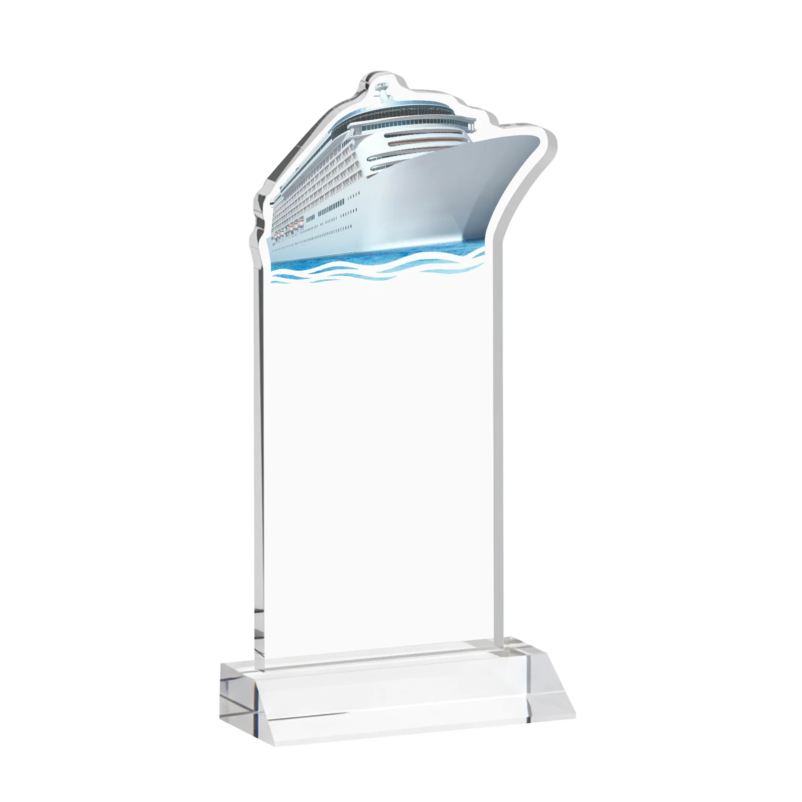 Custom engraved Starfire Crystal Ship Cutout Award on Mitered Base for sales achievement awards