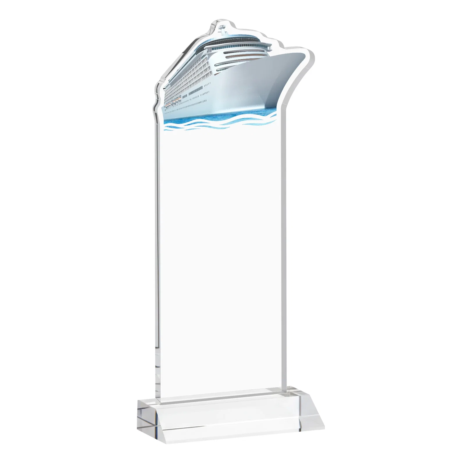Custom engraved Starfire Crystal Ship Cutout Award on Mitered Base for retirement presentations