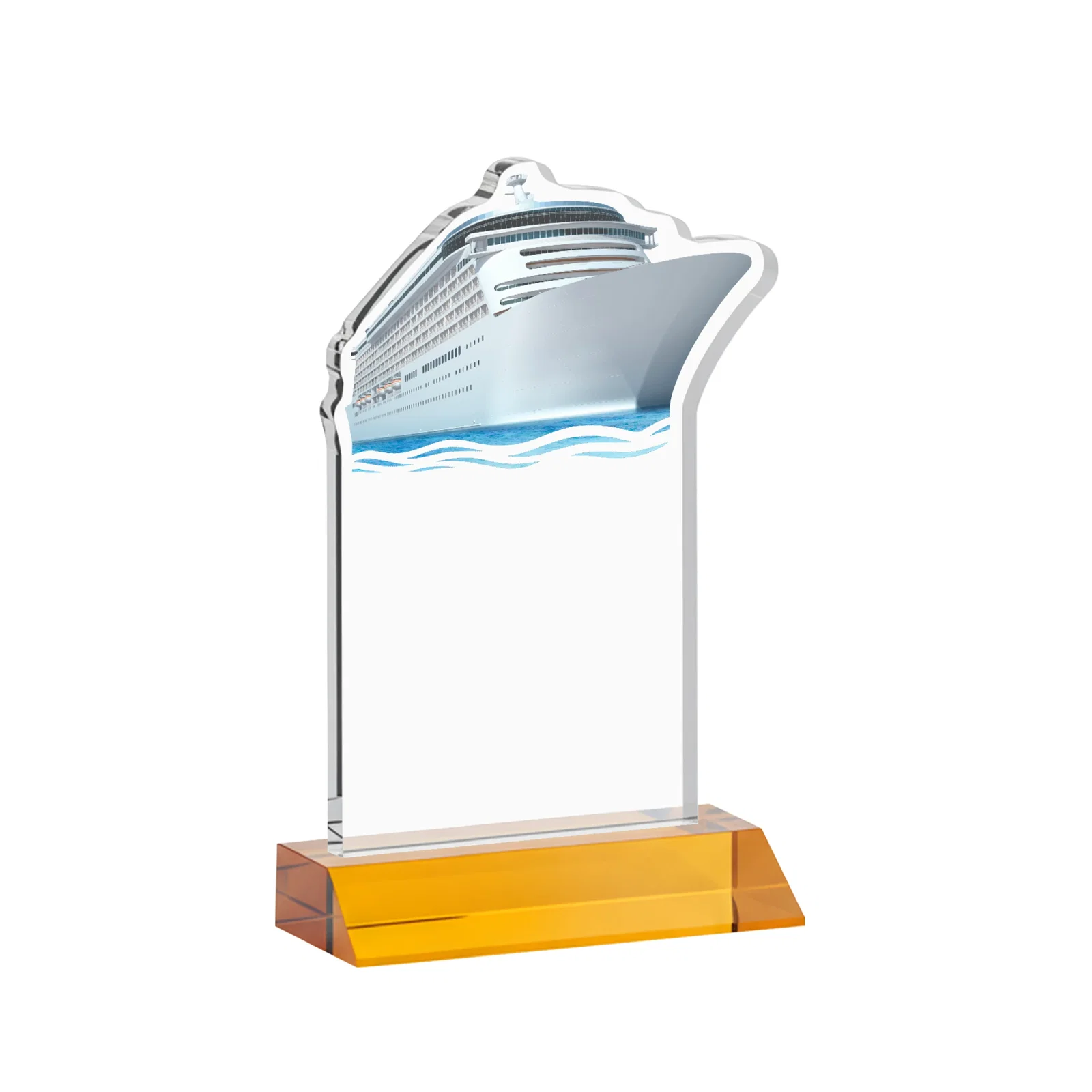 Custom engraved Starfire Crystal Ship Cutout Award on Mitered Base for team milestone celebrations