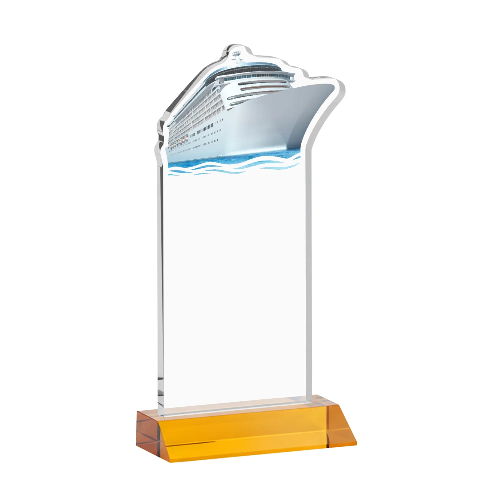 Custom engraved Starfire Crystal Ship Cutout Award on Mitered Base for donor appreciation