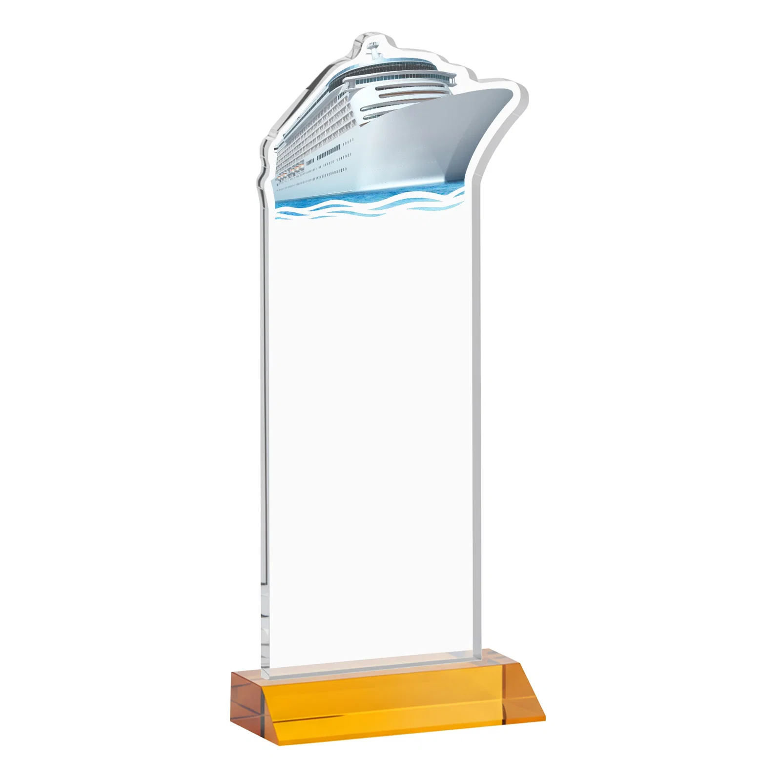 Custom engraved Starfire Crystal Ship Cutout Award on Mitered Base for graduation ceremonies