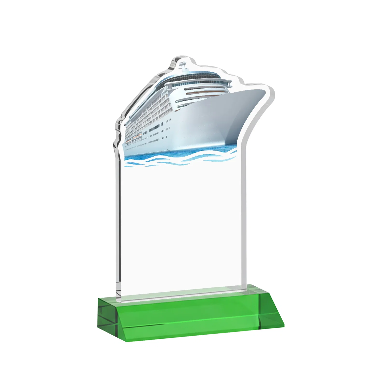 Custom engraved Starfire Crystal Ship Cutout Award on Mitered Base for safety achievement programs