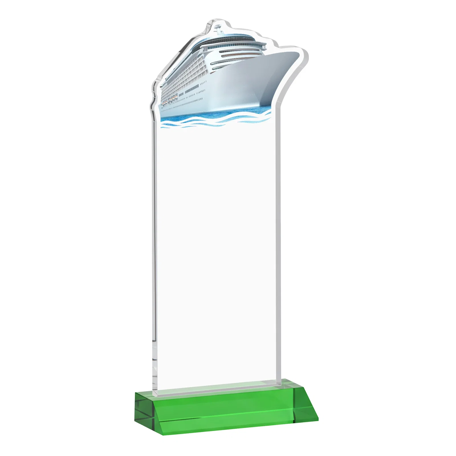 Custom engraved Starfire Crystal Ship Cutout Award on Mitered Base for volunteer appreciation