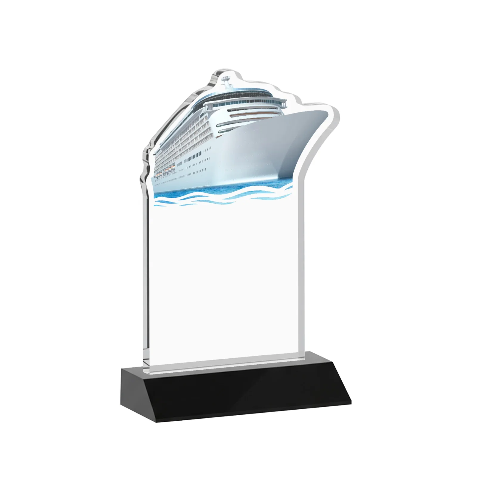 Custom engraved Starfire Crystal Ship Cutout Award on Mitered Base for dealer and partner awards