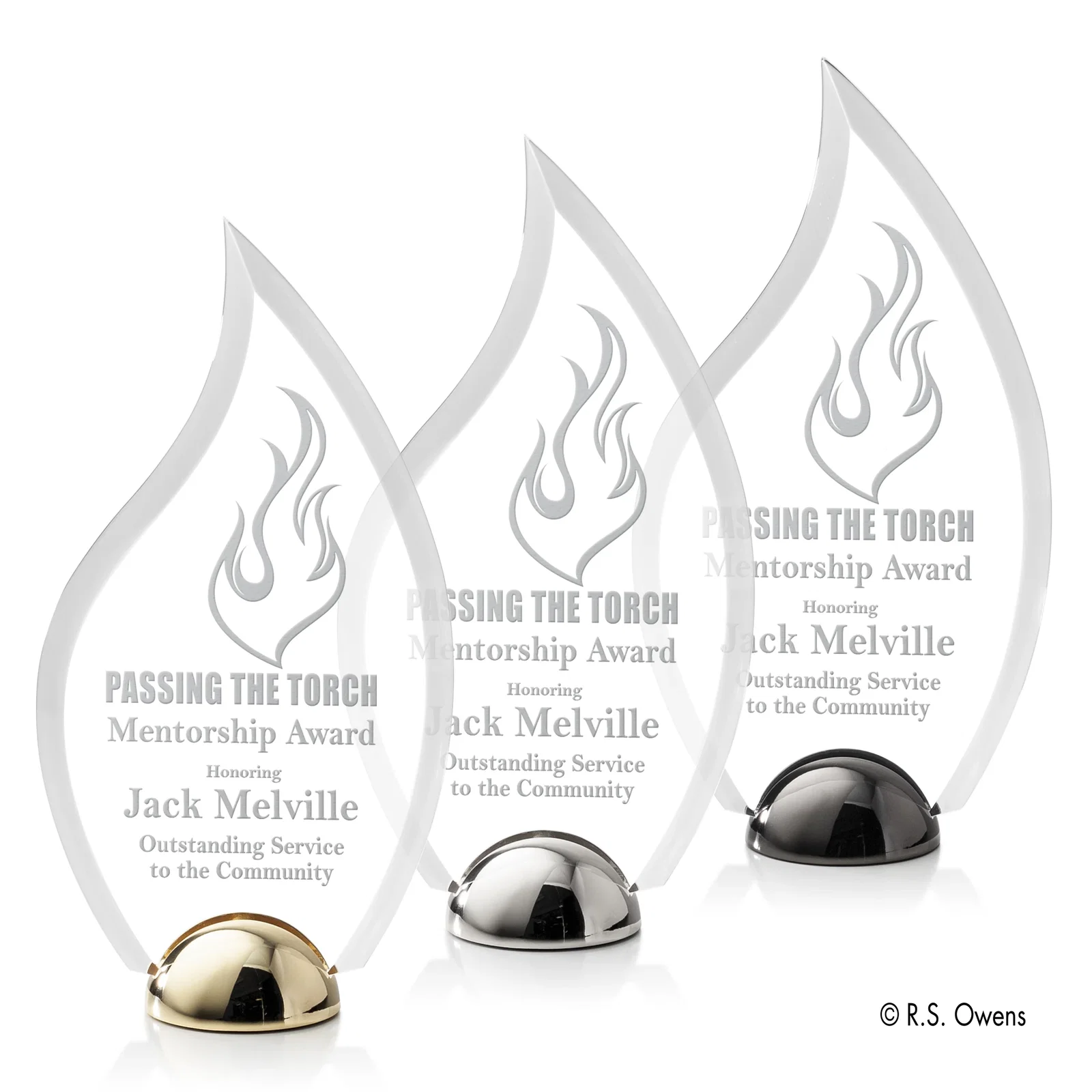 Custom Beveled Acrylic Flame Award on Domed Cast Metal Hemisphere Base for employee recognition
