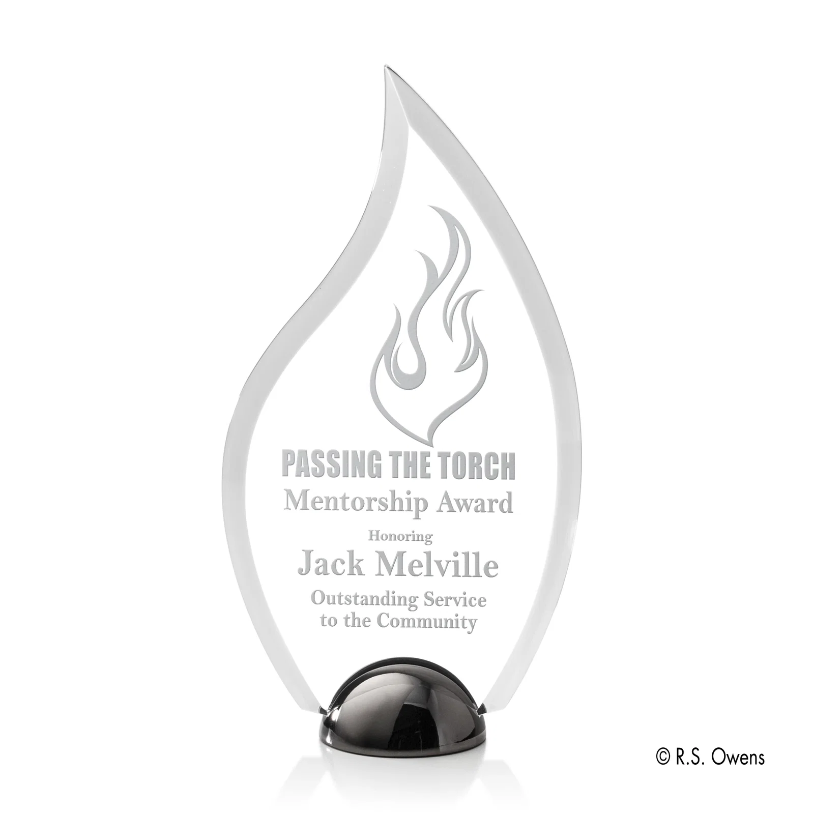 Custom Beveled Acrylic Flame Award on Domed Cast Metal Hemisphere Base for corporate award ceremonies